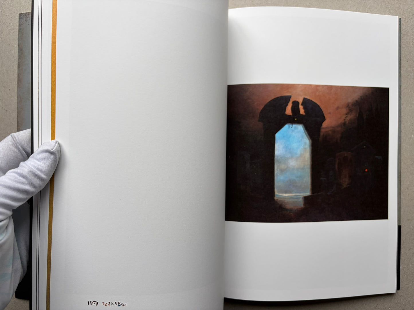 Open spread from Beksinski - The Collected Works I ver. 1.2 with a dark painting of a doorway-like opening and blue sky beyond.