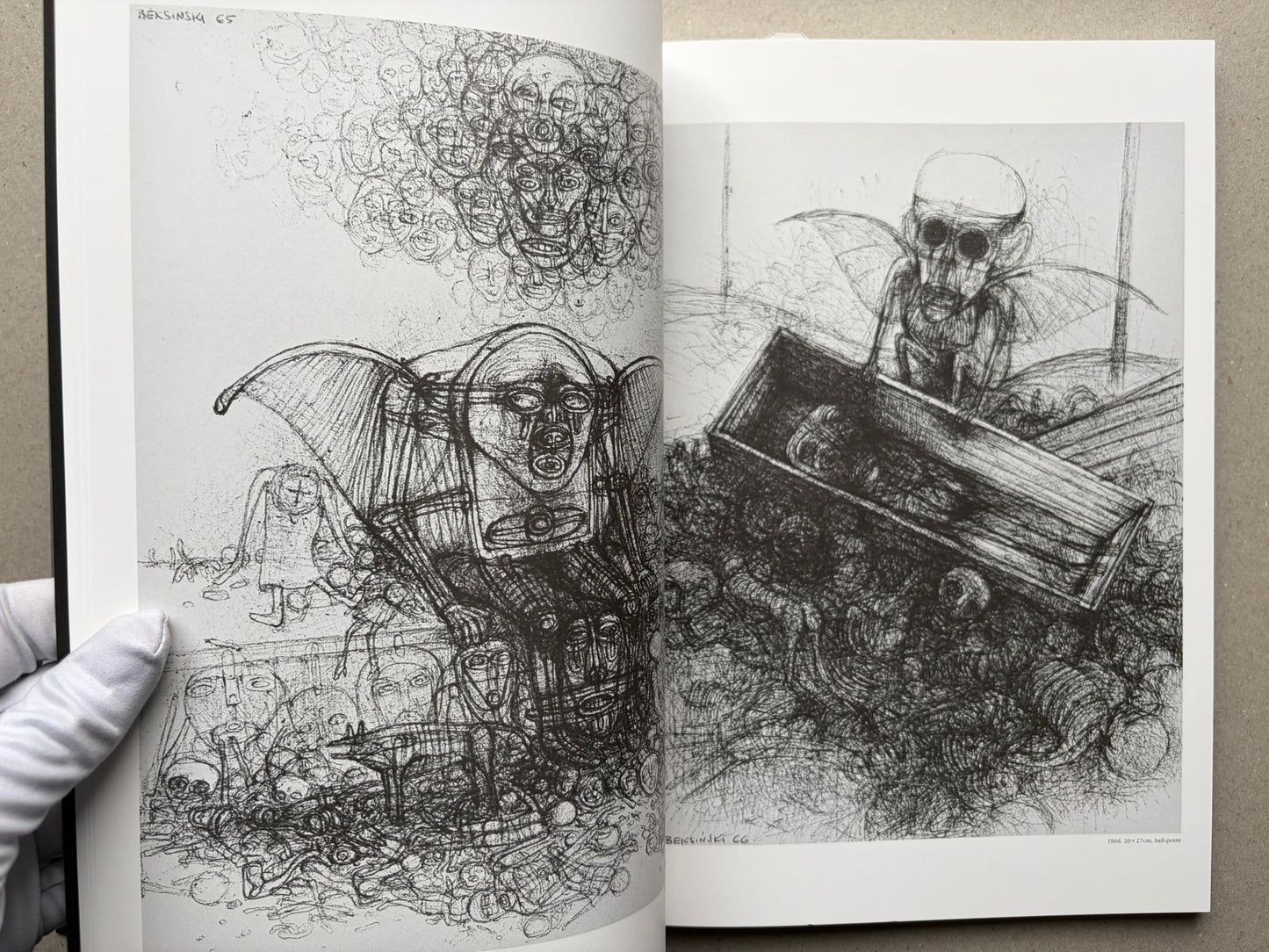 Open spread of Beksinski - The Collected Works III ver. 1.2, showing two black-and-white drawings of figures and a coffin-like form.