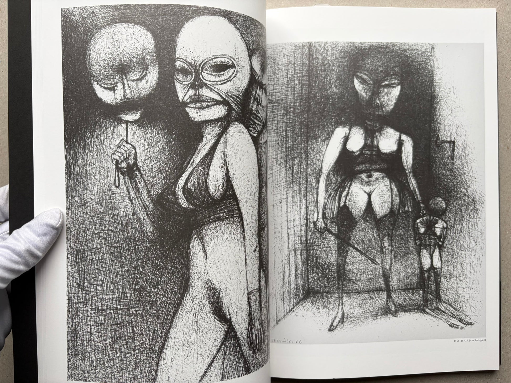 Open spread of Beksinski - The Collected Works III ver. 1.2, showing two monochrome drawings of masked or faceless figures.