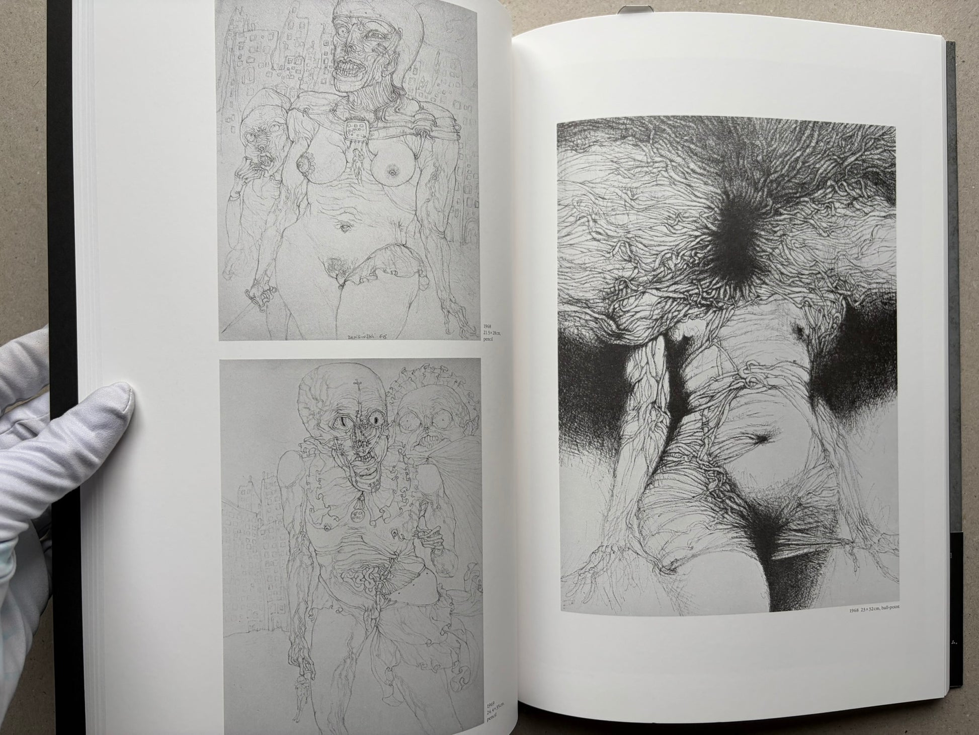 Open spread of Beksinski - The Collected Works III ver. 1.2, showing a nude figure drawing on the left and a dense black-and-white figure study on the right.