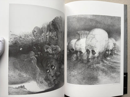 Open spread of Beksinski - The Collected Works III ver. 1.2, showing two grayscale drawings of skull-like heads and faceless figures.