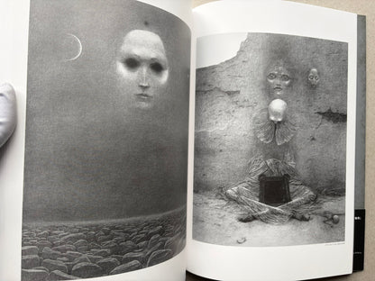 Open spread of Beksinski - The Collected Works III ver. 1.2, showing two pale monochrome drawings of faces and figures in a sparse landscape.