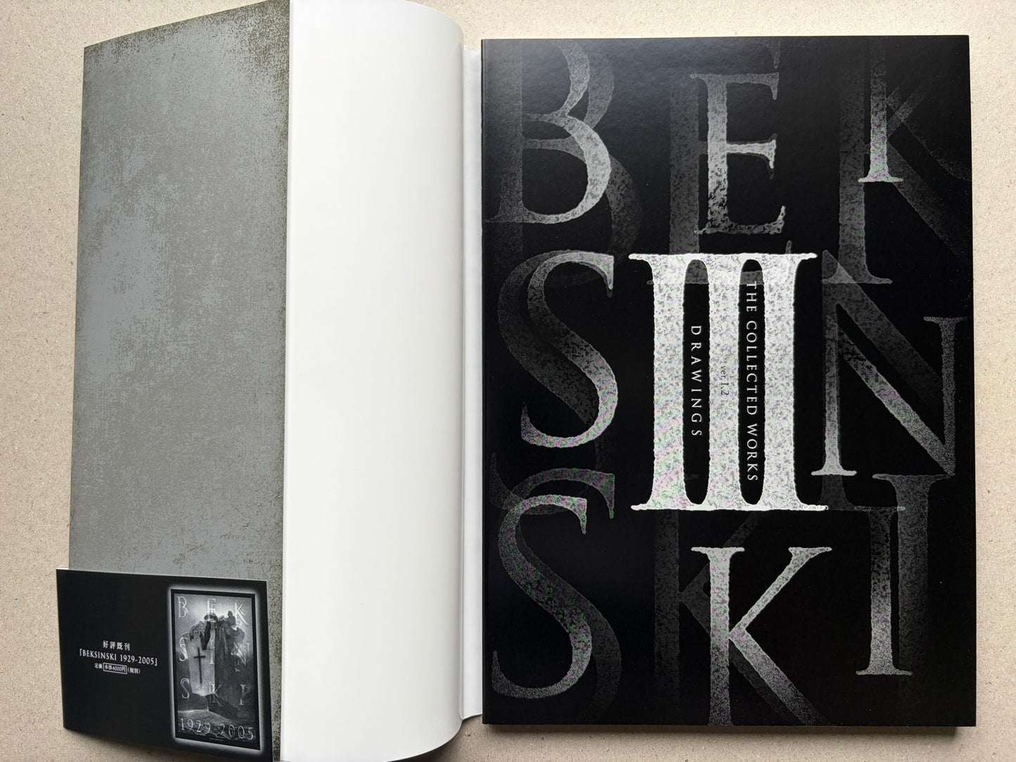 Open spread of Beksinski - The Collected Works III ver. 1.2, with the title page on the right and a small series panel on the left.