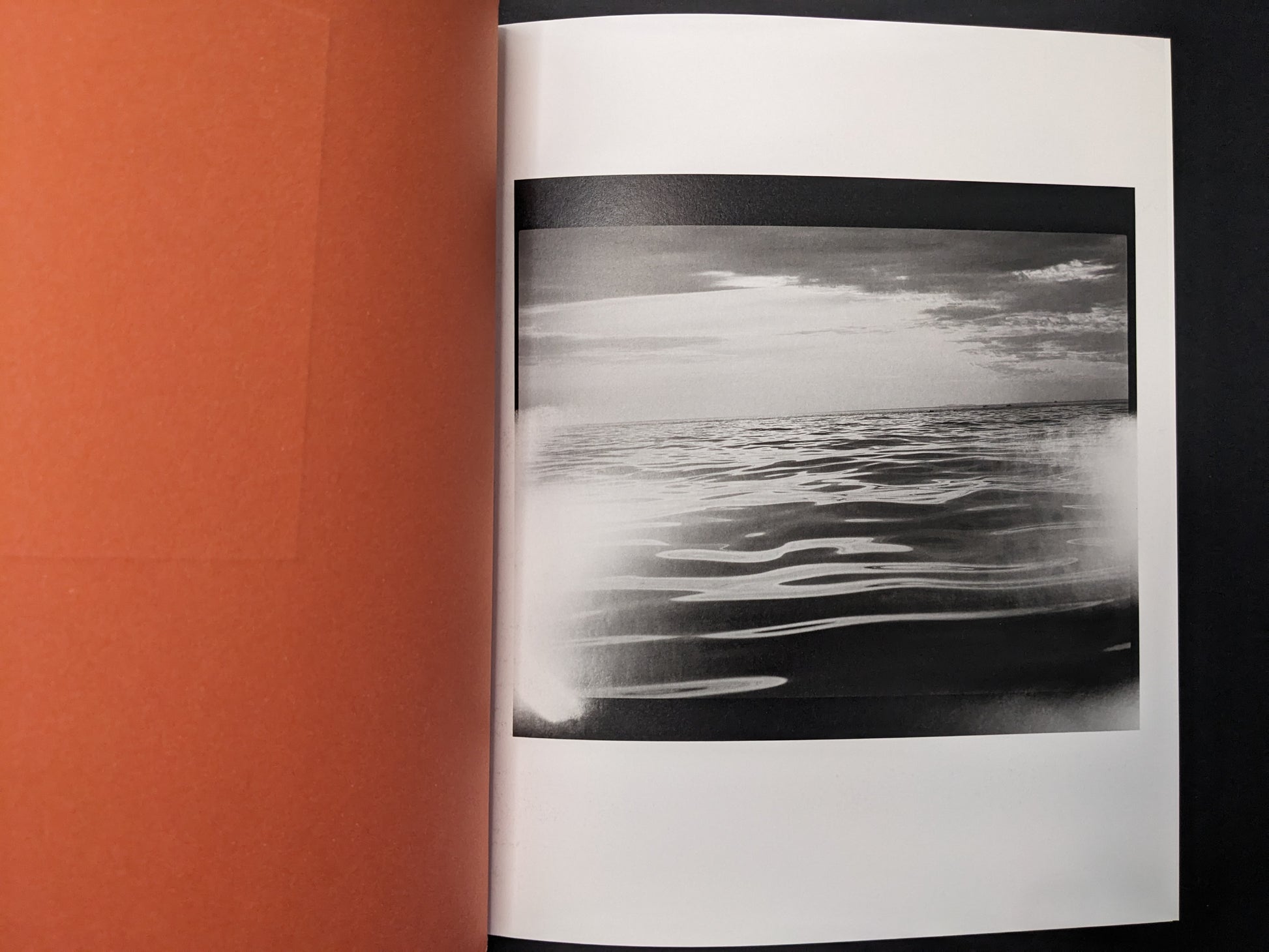 Interior spread from between the skin and sea by Katrin Koenning (Chose Commune) showing a black-and-white seascape with the horizon.