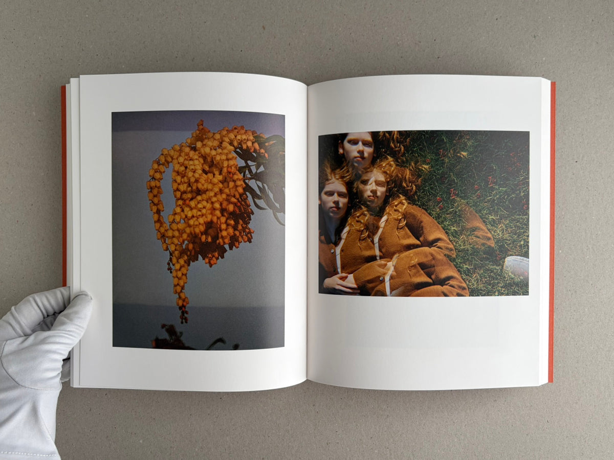 Open spread of between the skin and sea by Katrin Koenning, showing a flower-like hanging form on the left page and three figures lying in grass on the right page.