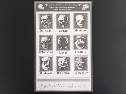 “Beware of the states that can permanently damage your flesh and mind” limited VERMIS print (New Version) by Plastiboo, signed art print with illustrated faces representing infection, dread, slumber, petrification, curse, insanity, blindness, possession, and white hives. Hollow Press 2024.