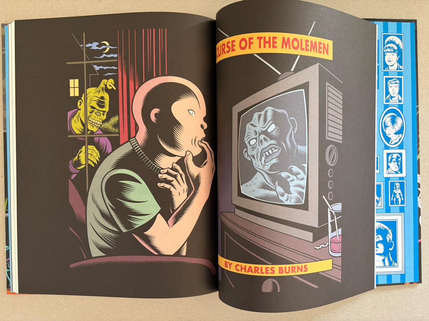 Open spread from Big Baby with a child facing a television monster and a yellow banner reading Curse of the Molemen.