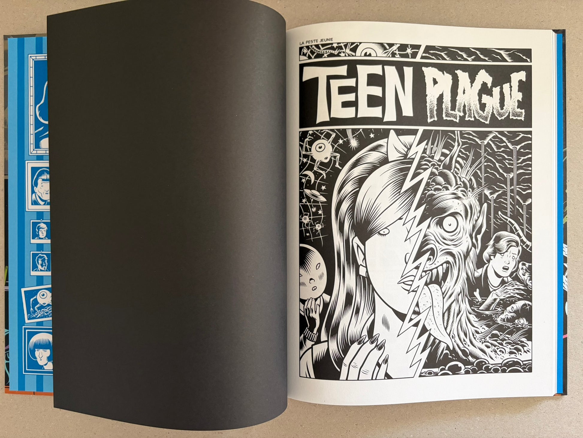 Open spread from Big Baby showing a chapter title page and a monster watching a child at a television.