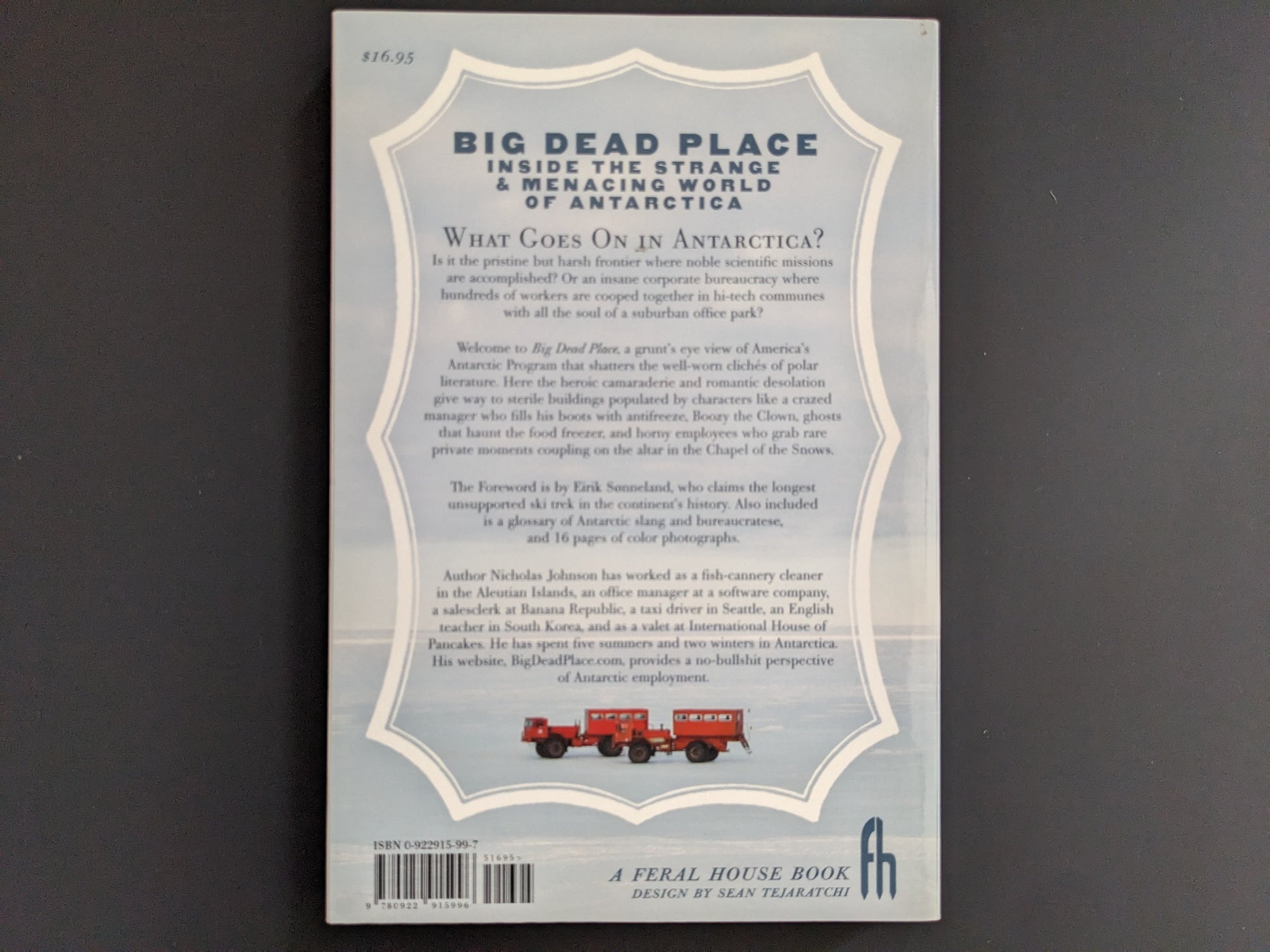 Back cover of "Big Dead Place" with synopsis and biography of author Nicholas Johnson, published by Feral House