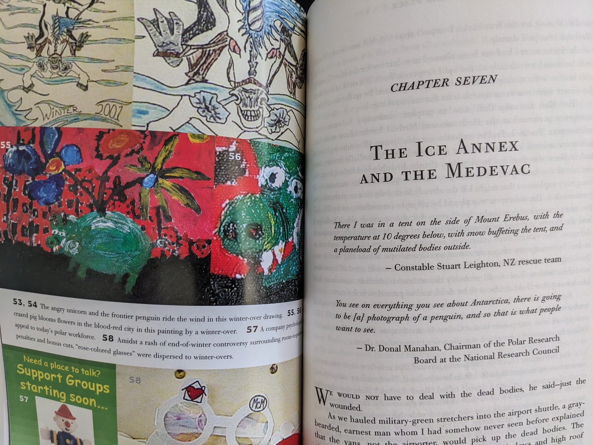Opening page of Chapter Seven in "Big Dead Place", with dramatic quotes about Antarctic rescue operations and perception