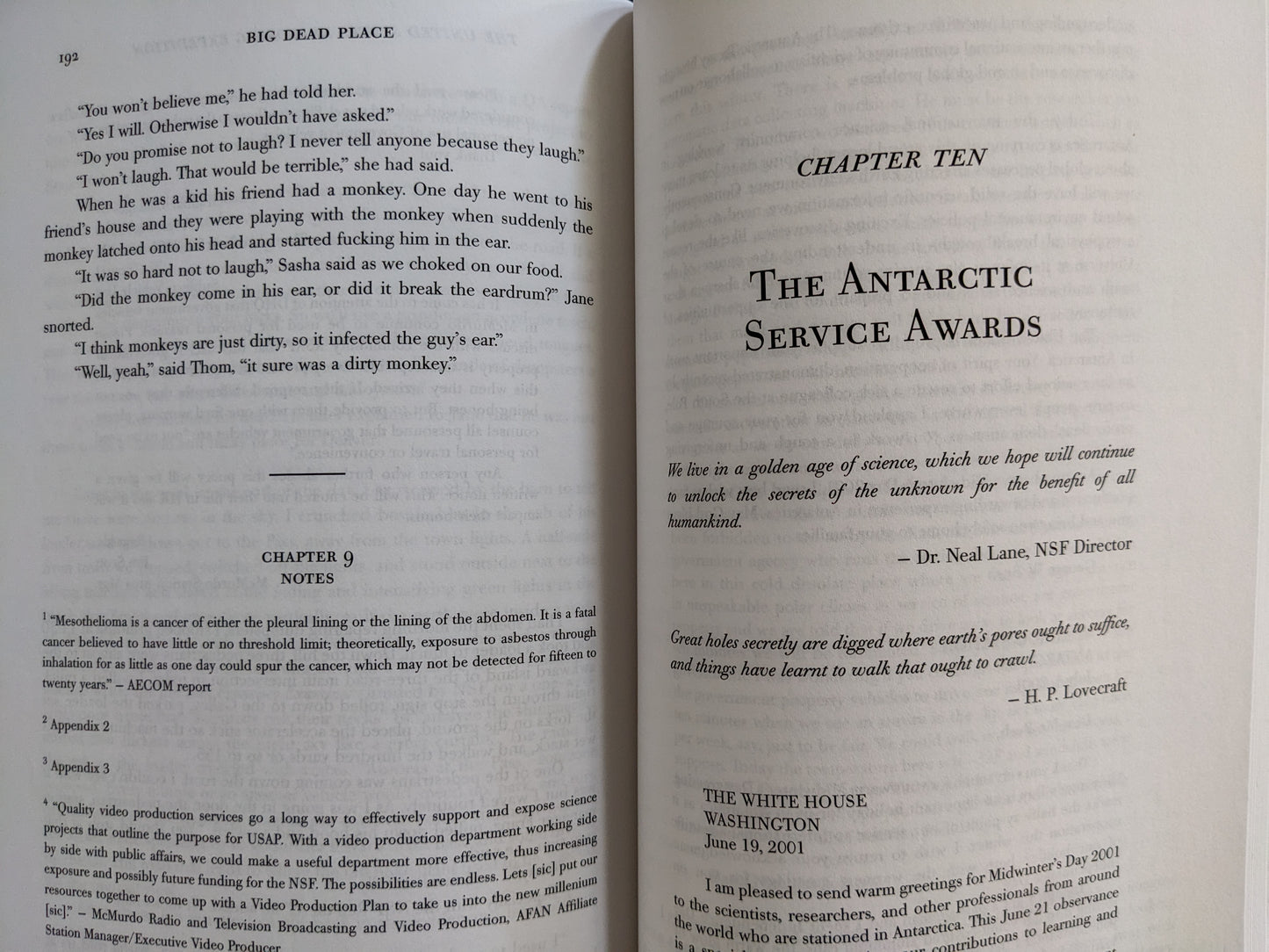Page from "Big Dead Place" featuring quotes from the NSF and H.P. Lovecraft, highlighting surreal honors in Antarctic service