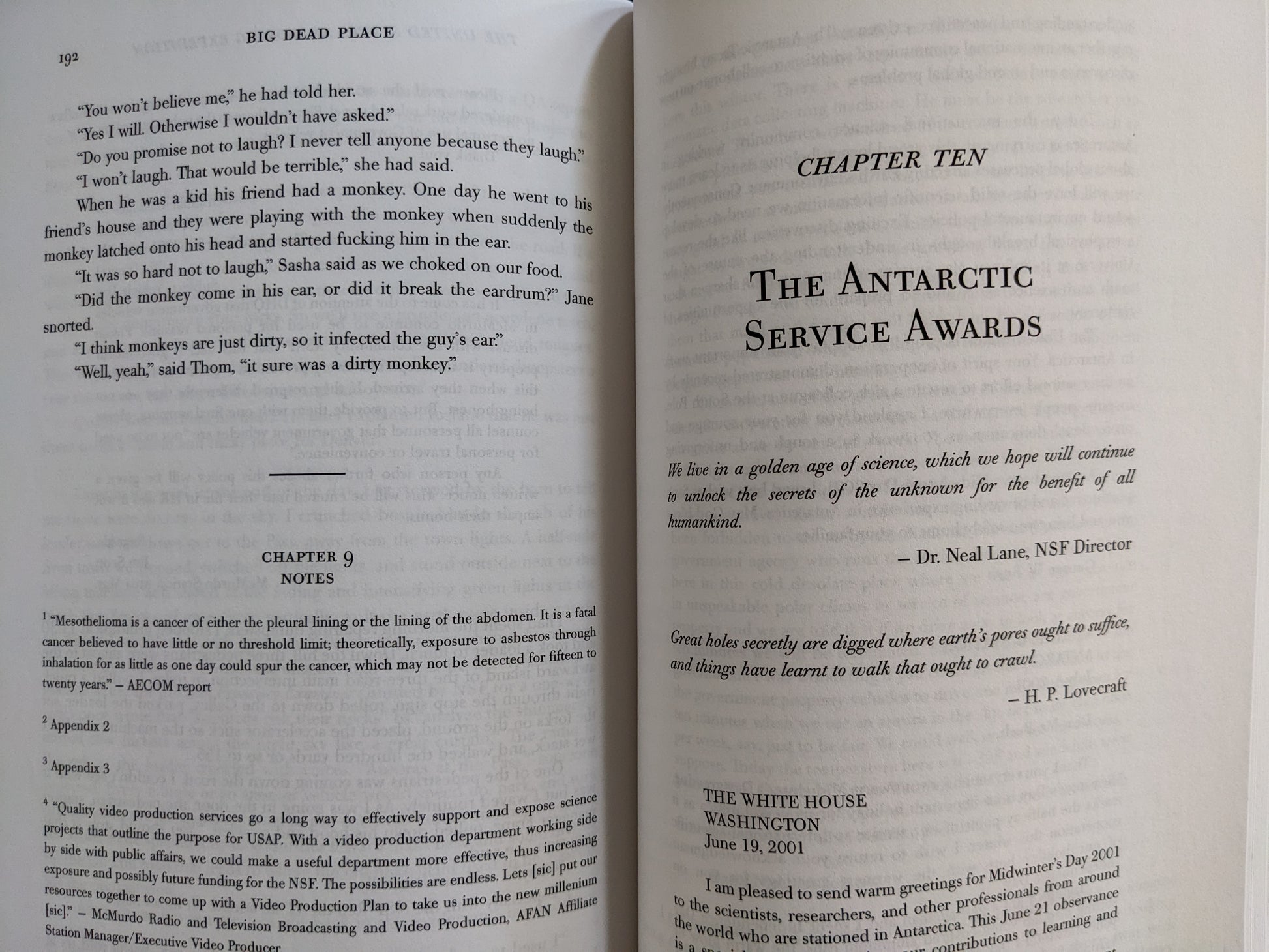 Page from "Big Dead Place" featuring quotes from the NSF and H.P. Lovecraft, highlighting surreal honors in Antarctic service