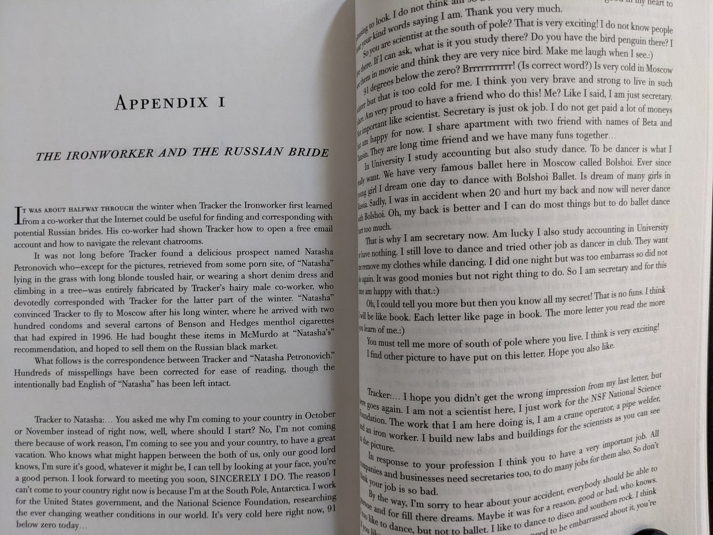 Appendix section of "Big Dead Place" narrating bizarre online courtship stories between Antarctic workers and Russian women