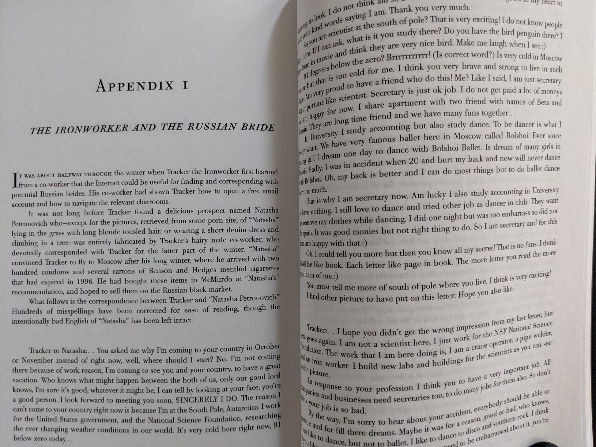Appendix section of "Big Dead Place" narrating bizarre online courtship stories between Antarctic workers and Russian women