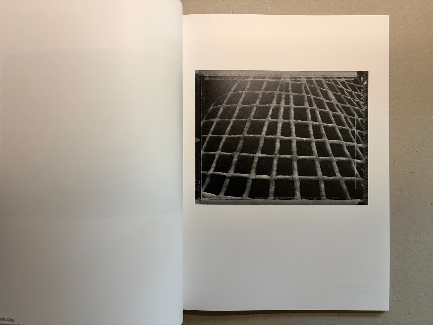 Boundary Hunt by Toshio Shibata, open spread with a black-and-white photograph of a gridded surface on the right page.