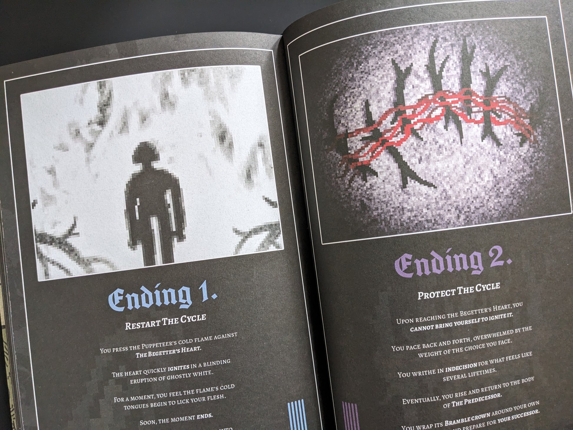 Two possible game endings illustrated with pixelated surreal imagery