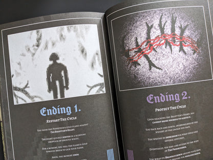 Two possible game endings illustrated with pixelated surreal imagery