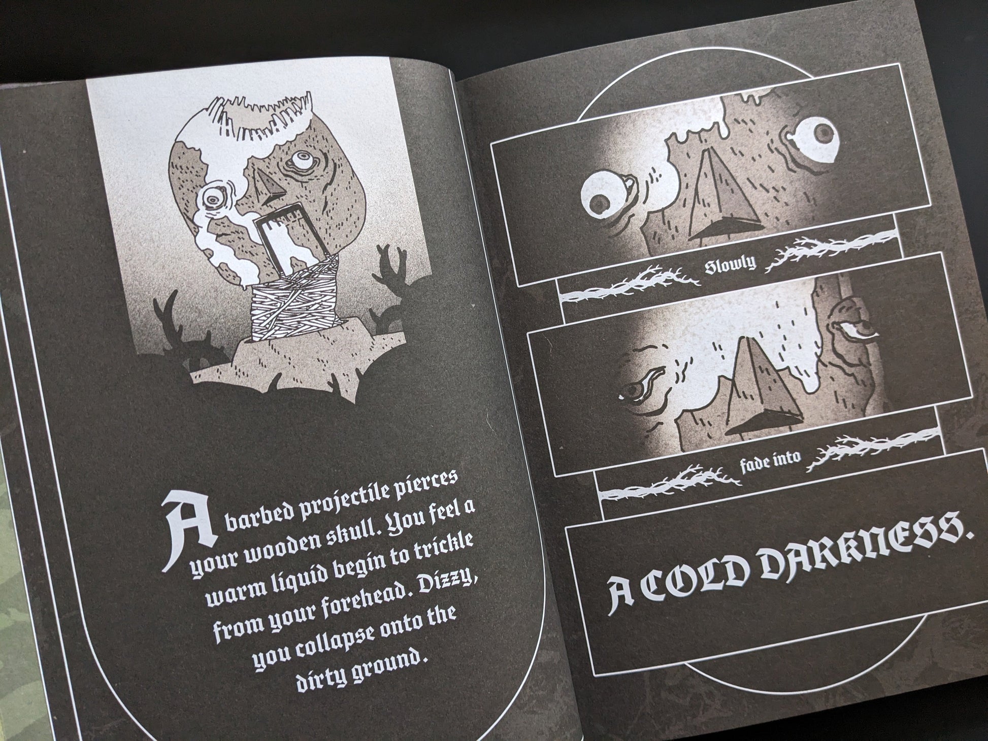 Illustrated page from Bramble, featuring eerie humanoid figure and narrative text.