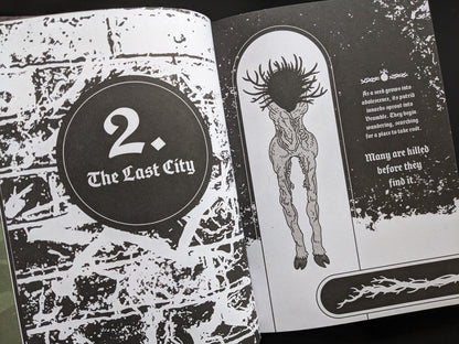 Chapter two "The Last City" from Bramble, with surreal creature artwork and lore text.