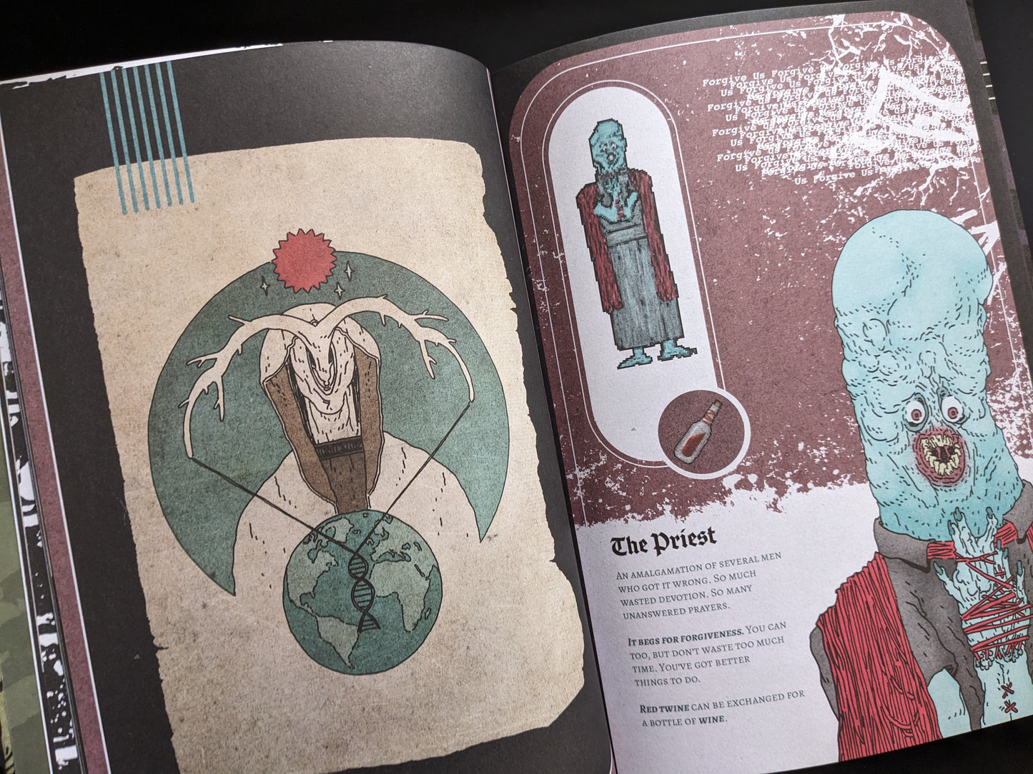 Color artwork of strange humanoid figure and "The Priest" character description from Bramble.