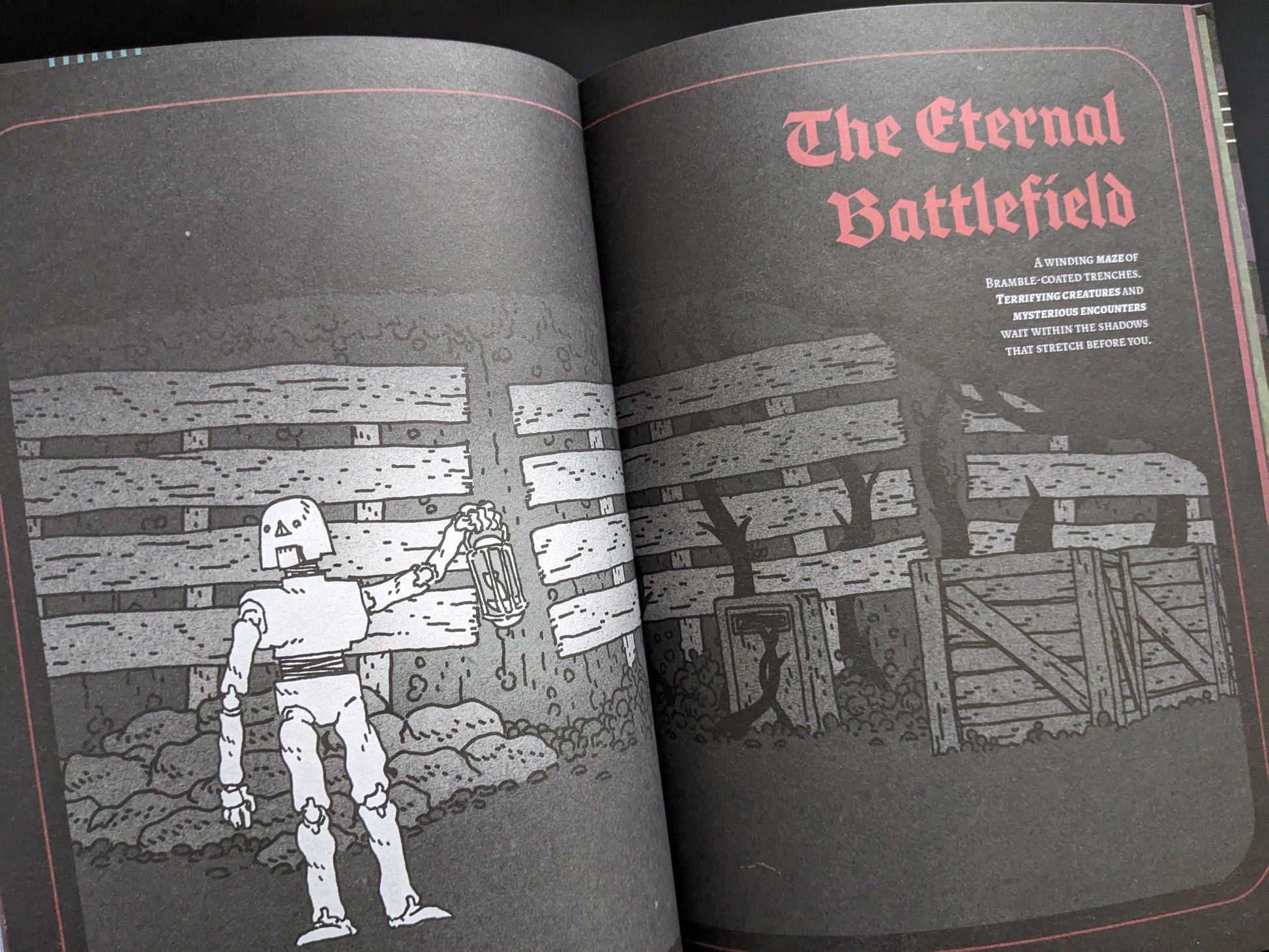 Dark illustration of a figure in a bleak environment, titled "The Eternal Battlefield" from Bramble.