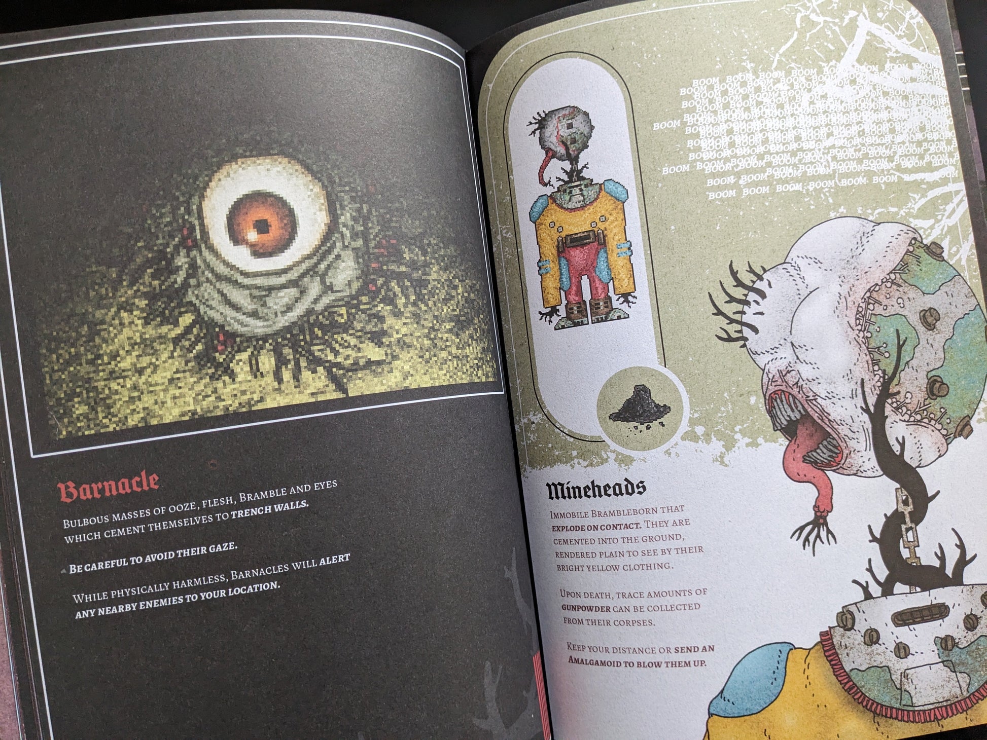 Page showing monstrous creatures and enemies, including Mineheads, from Bramble.