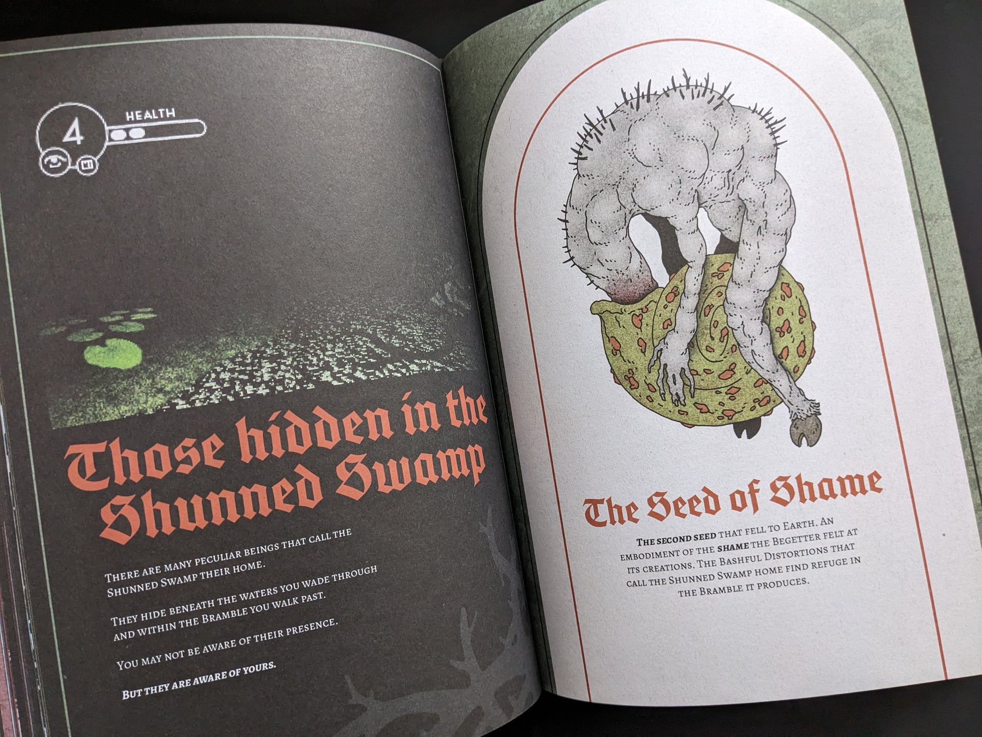 Page featuring "The Seed of Shame" creature design and lore from Bramble.