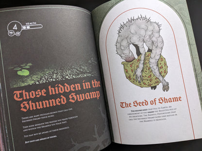 Page featuring "The Seed of Shame" creature design and lore from Bramble.