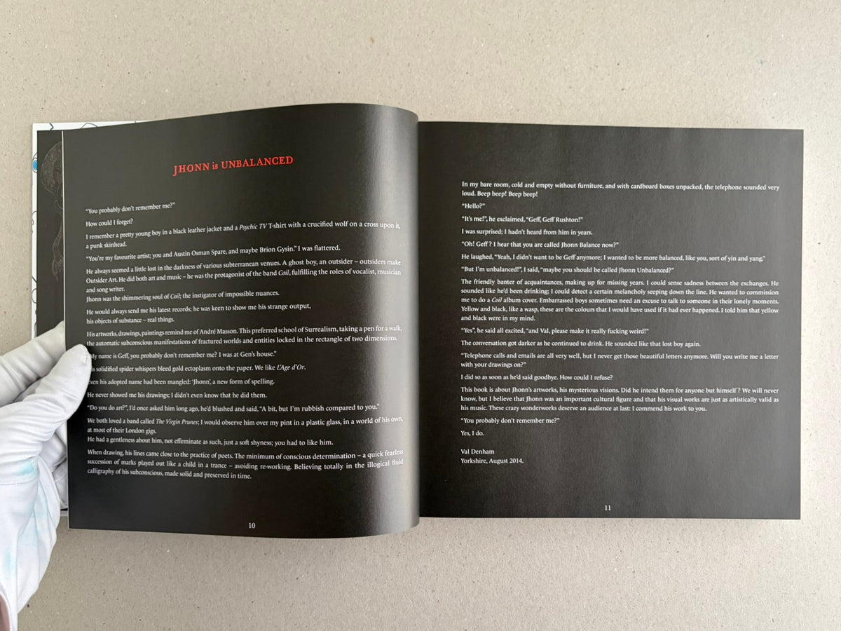 Bright Lights and Cats with No Mouths back cover, with a black panel, John Balance portrait, and white cover art with outlined faces.