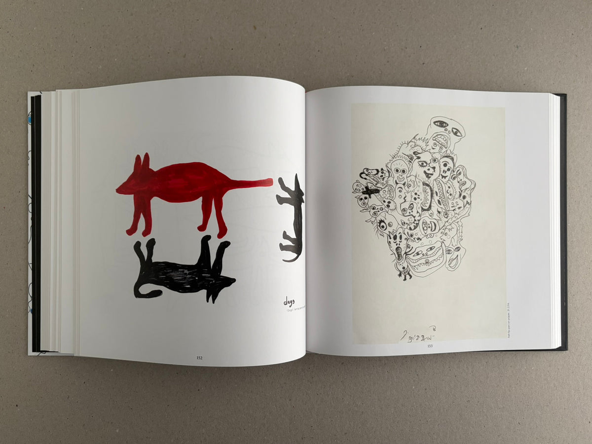 Bright Lights and Cats with No Mouths open to pages 152 and 153, showing a red and black animal drawing and a dense cluster of faces.