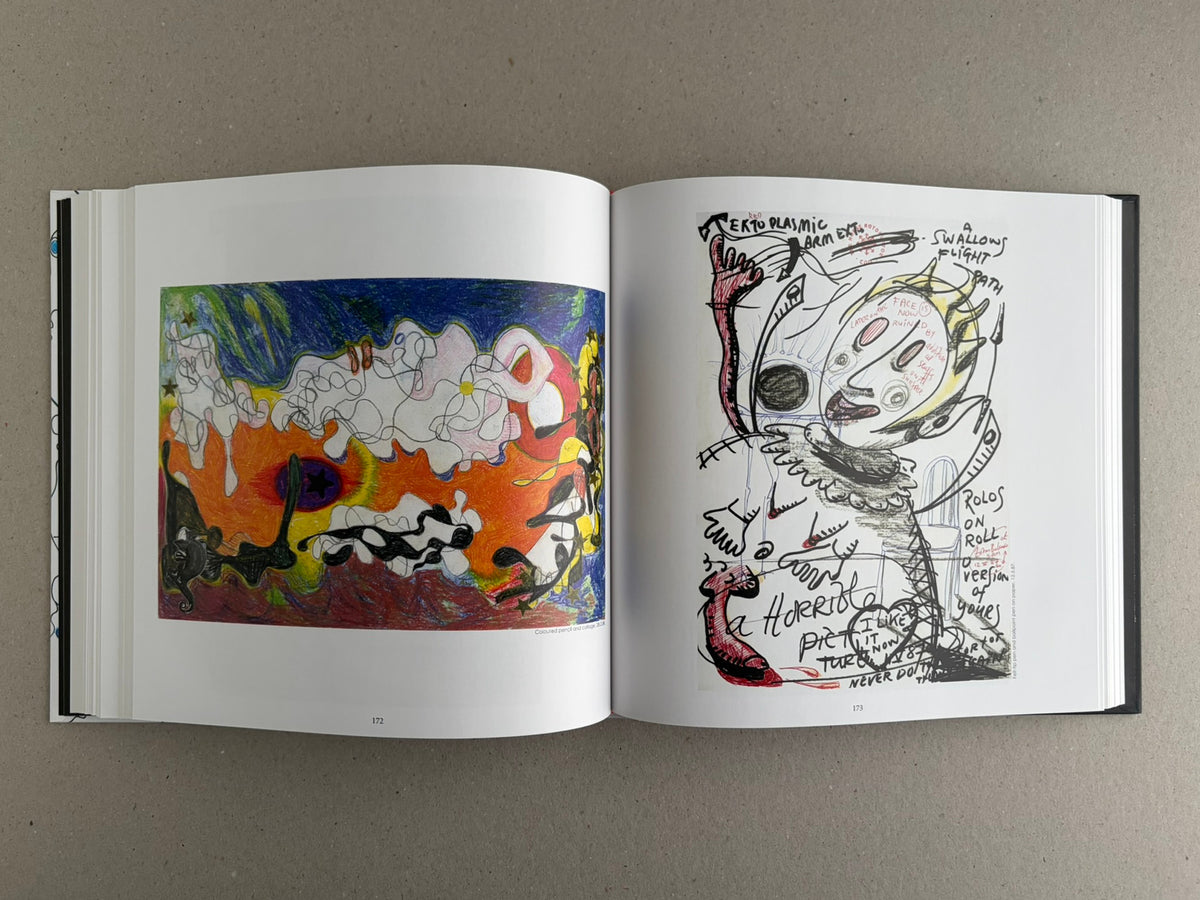 Bright Lights and Cats with No Mouths open to pages 172 and 173, with a colour drawing on the left and a black-and-white annotated figure on the right.
