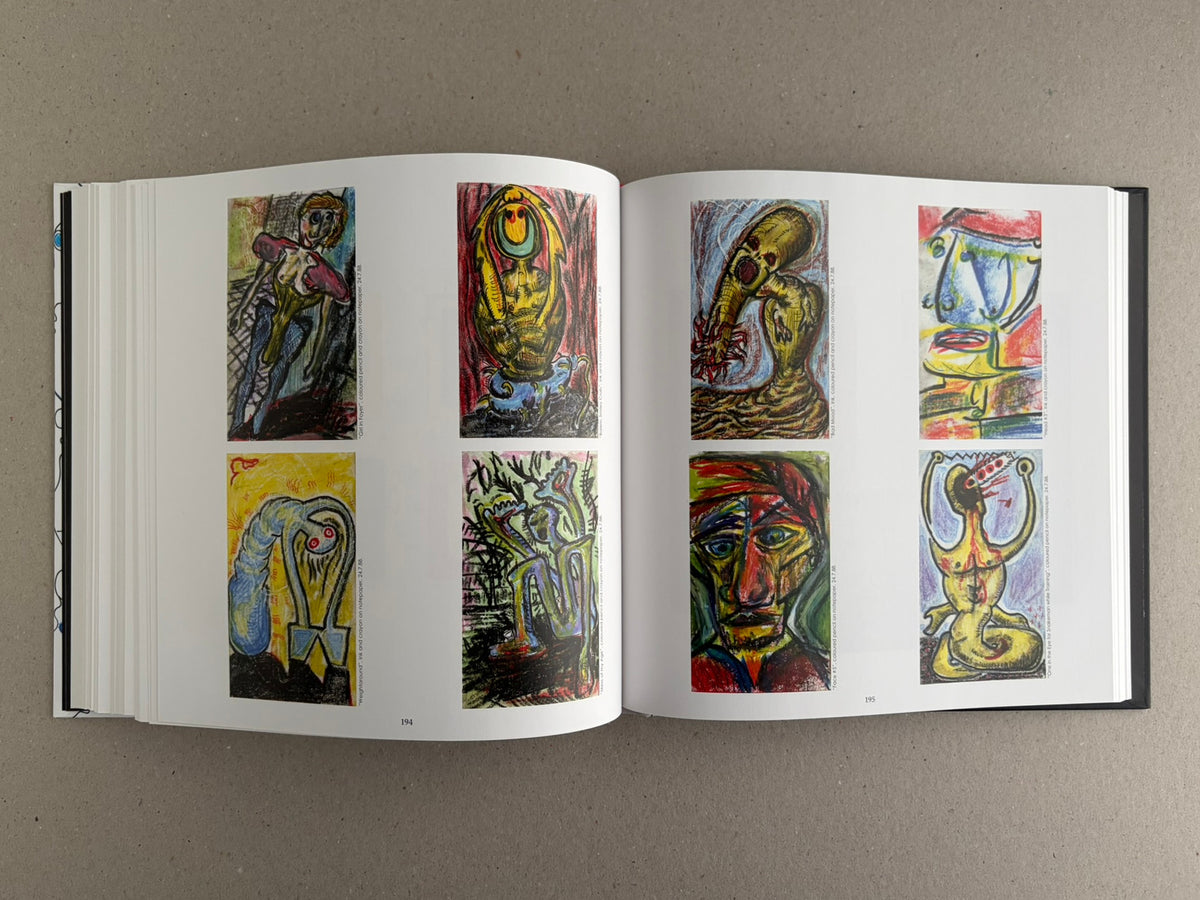 Bright Lights and Cats with No Mouths open to pages 194 and 195, with a grid of small coloured drawings.