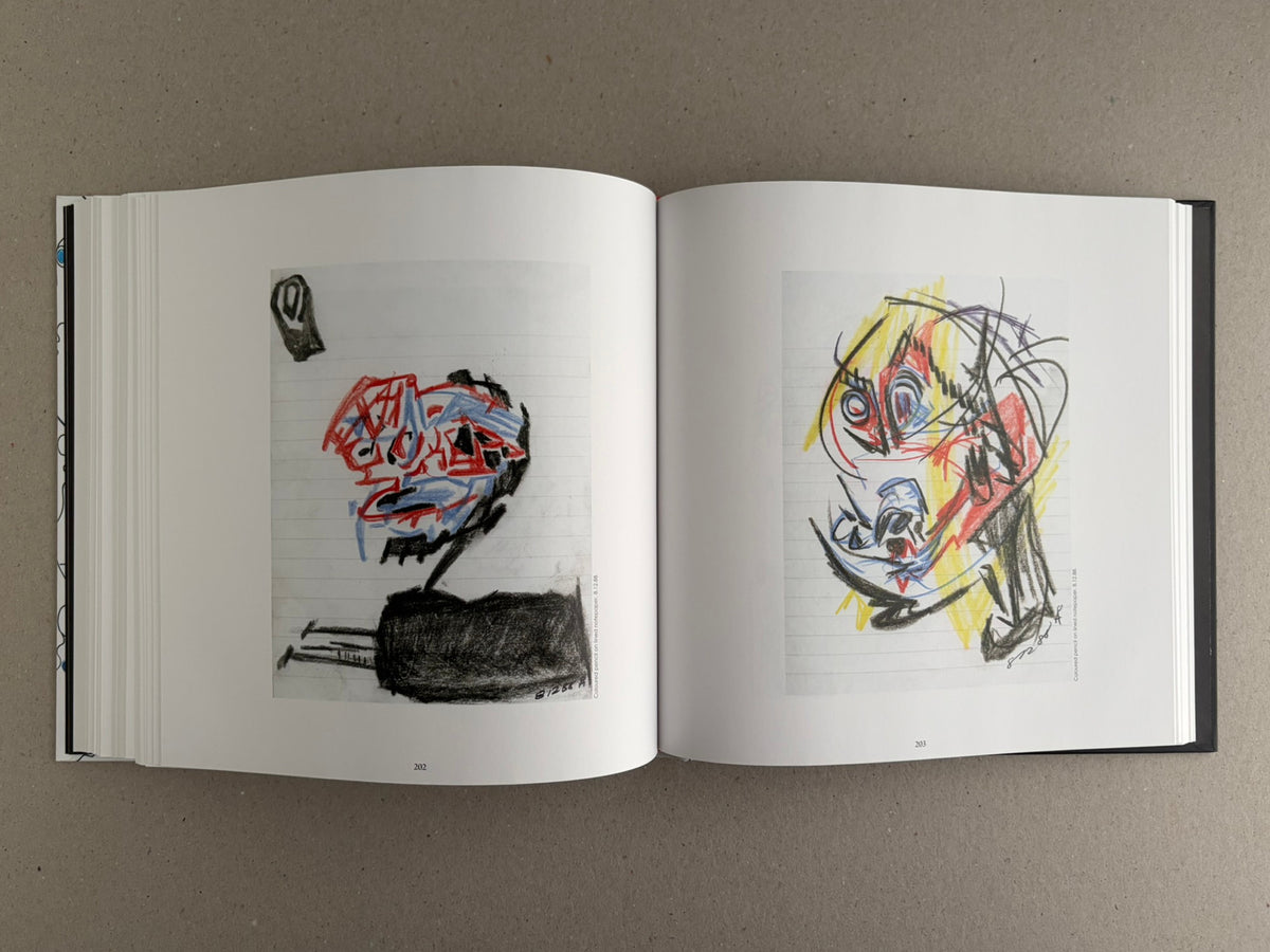 Bright Lights and Cats with No Mouths open to pages 202 and 203, showing two sketchbook-style portrait drawings.