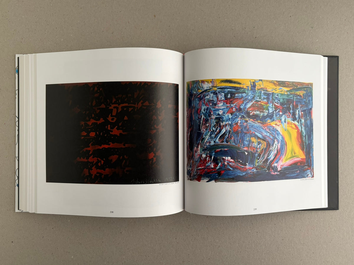 Bright Lights and Cats with No Mouths open to pages 238 and 239, showing a dark abstract painting and a multicoloured painting.