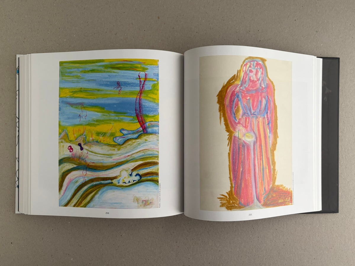 Bright Lights and Cats with No Mouths open to pages 254 and 255, with a landscape drawing and a standing figure in pink.