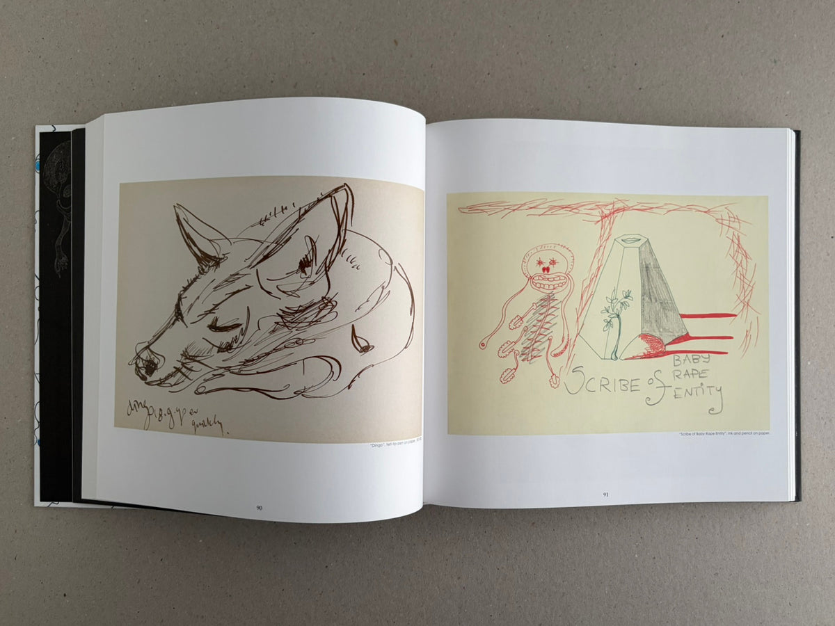 Bright Lights and Cats with No Mouths open to pages 90 and 91, showing a wolf drawing and a page titled Scribe of Baby Rope Entity.