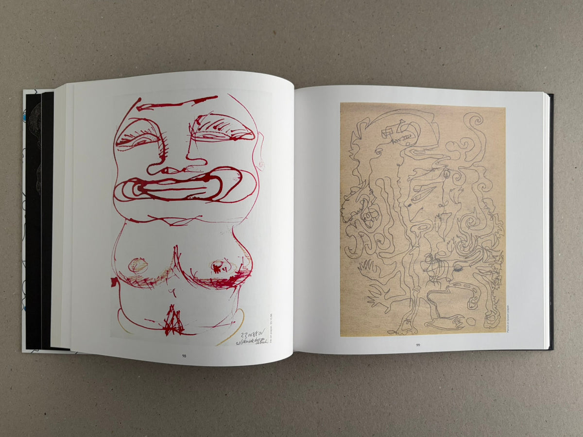 Bright Lights and Cats with No Mouths open to pages 98 and 99, with a red face drawing and a dense line drawing on tan paper.