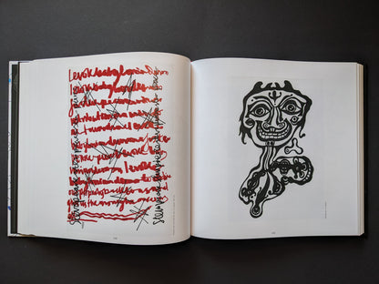 Left: a red text drawing with black crossed-out words. Right: a black-and-white grotesque humanoid figure.