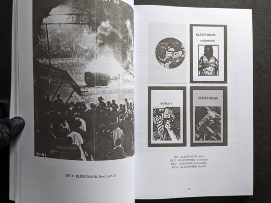 Interior spread featuring Kleistwahr releases, with a live image on the left page and four cassette cover reproductions on the right.