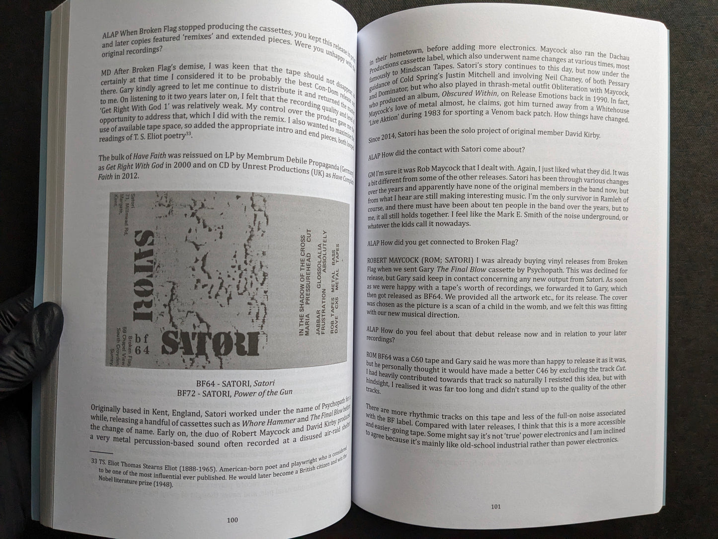 Interior spread featuring Satori releases, with cover reproduction and interview text about the project.