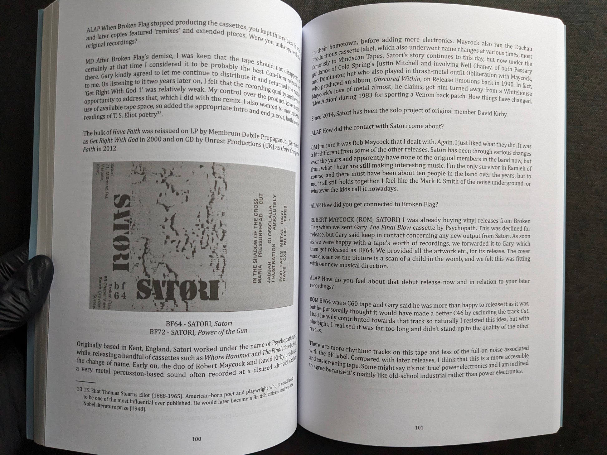 Interior spread featuring Satori releases, with cover reproduction and interview text about the project.