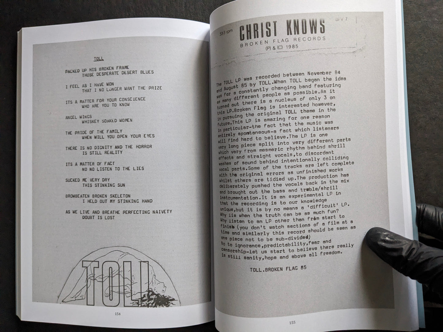 Interior spread featuring TOLL lyrics on the left page and a review of Christ Knows on the right.