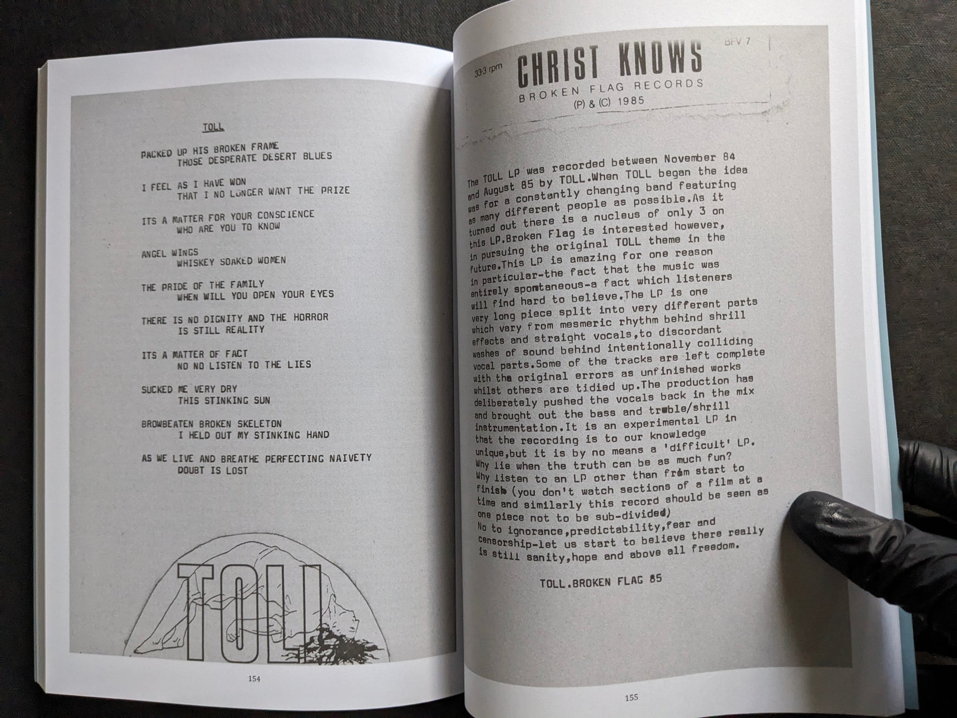 Interior spread featuring TOLL lyrics on the left page and a review of Christ Knows on the right.
