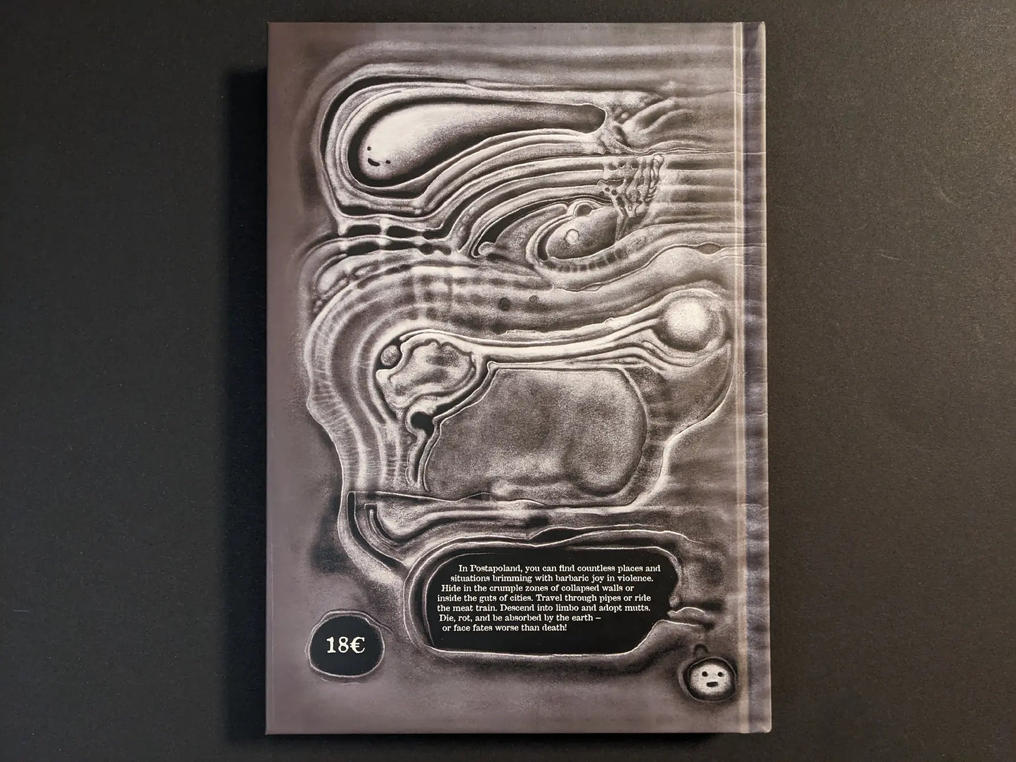 Back cover of Bubzium – the guidebook to Postapoland by Bartosz Zaskorski with a grey, organic, maze-like flesh landscape.
