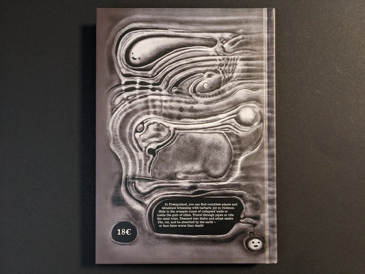 Back cover of Bubzium – the guidebook to Postapoland by Bartosz Zaskorski with a grey, organic, maze-like flesh landscape.