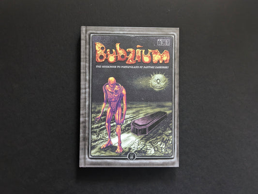 Front cover of Bubzium – the guidebook to Postapoland showing a tall orange mutant, coffin and eerie moon over a desolate landscape.