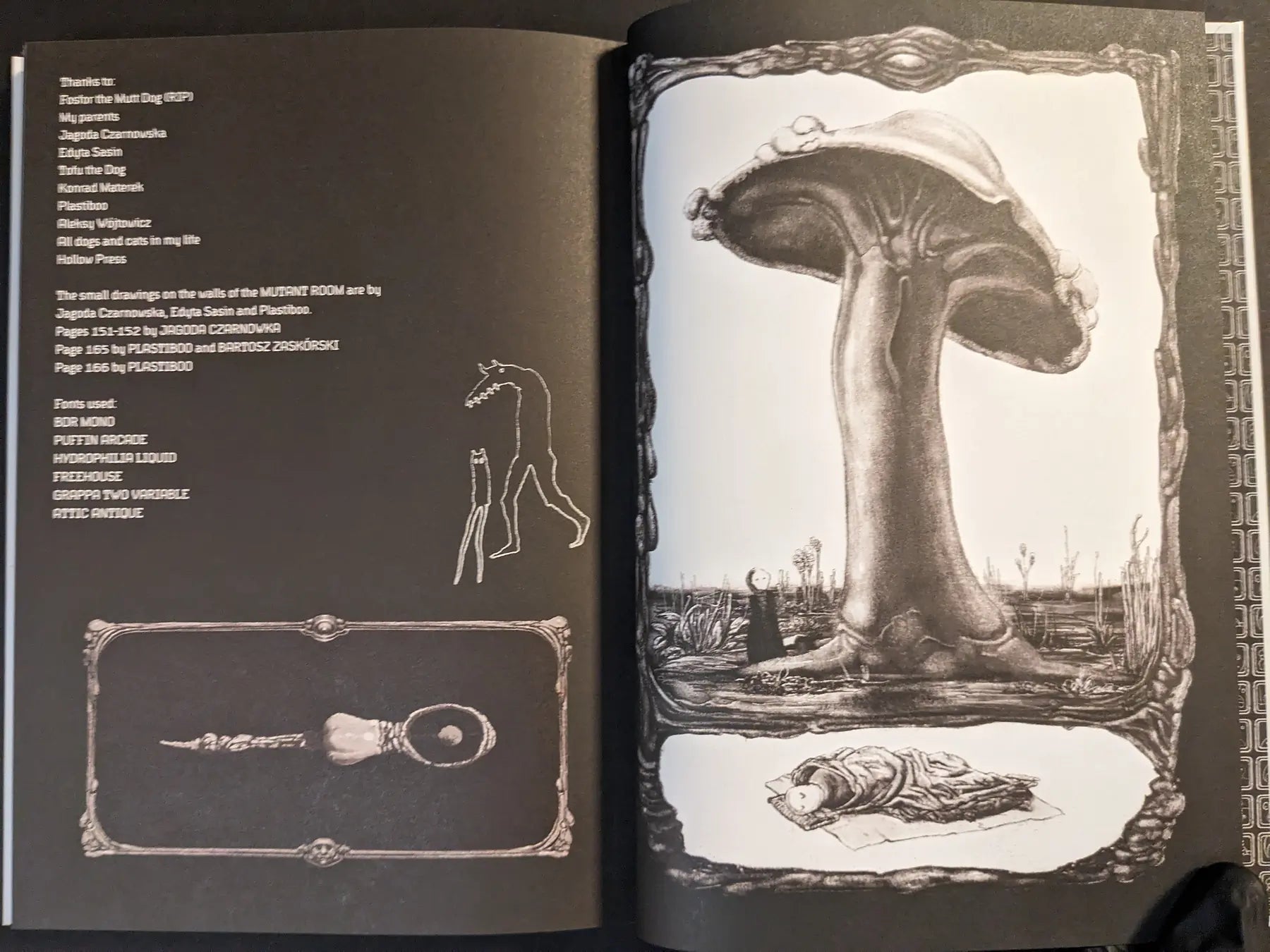 Interior spread from “Bubzium – the guidebook to postapoland” with credits text and a giant mushroom figure in a framed illustration.