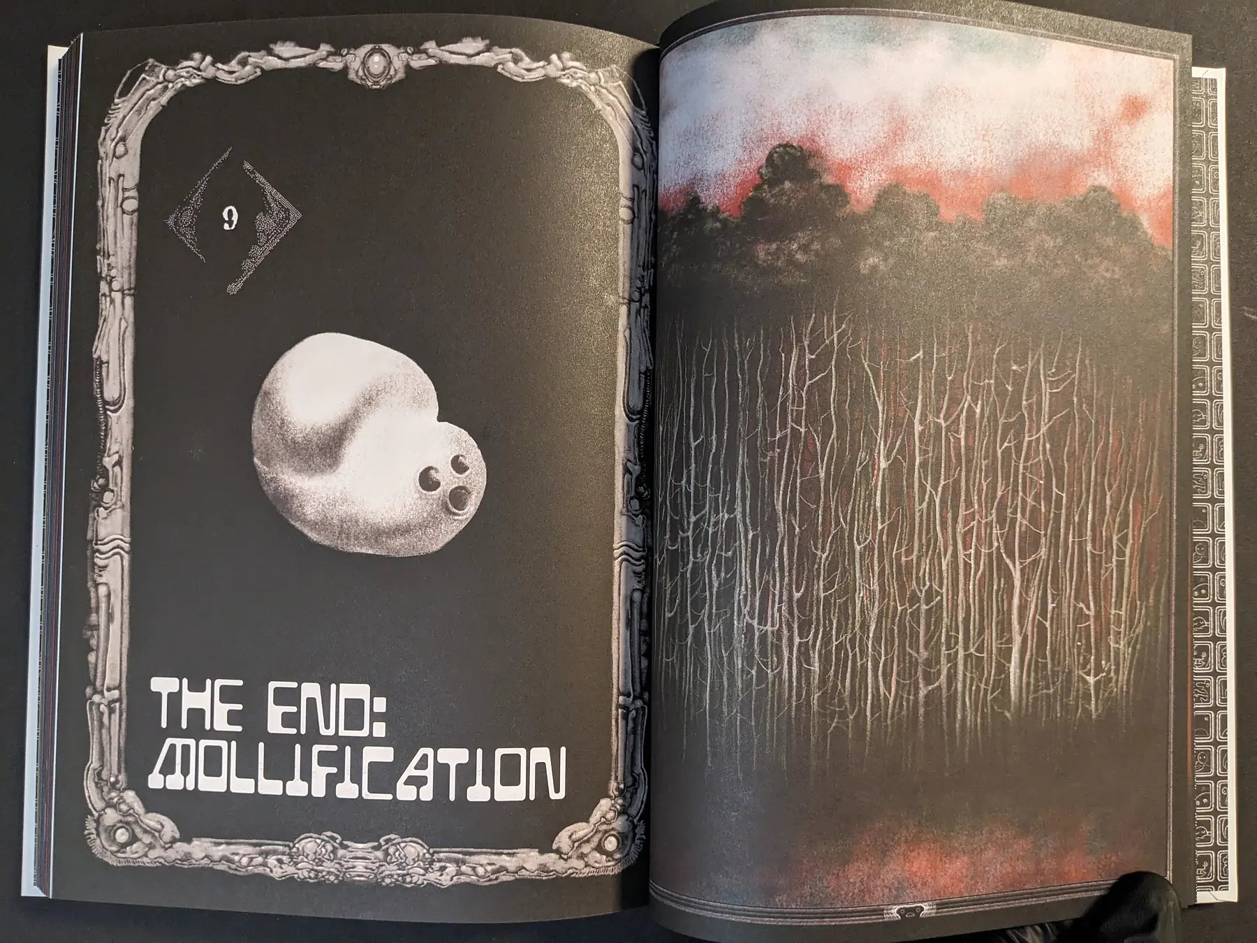 Interior spread from “Bubzium – the guidebook to postapoland” showing the End: Mollification text and a dark forest landscape.