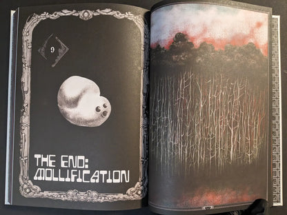 Interior spread from “Bubzium – the guidebook to postapoland” showing the End: Mollification text and a dark forest landscape.