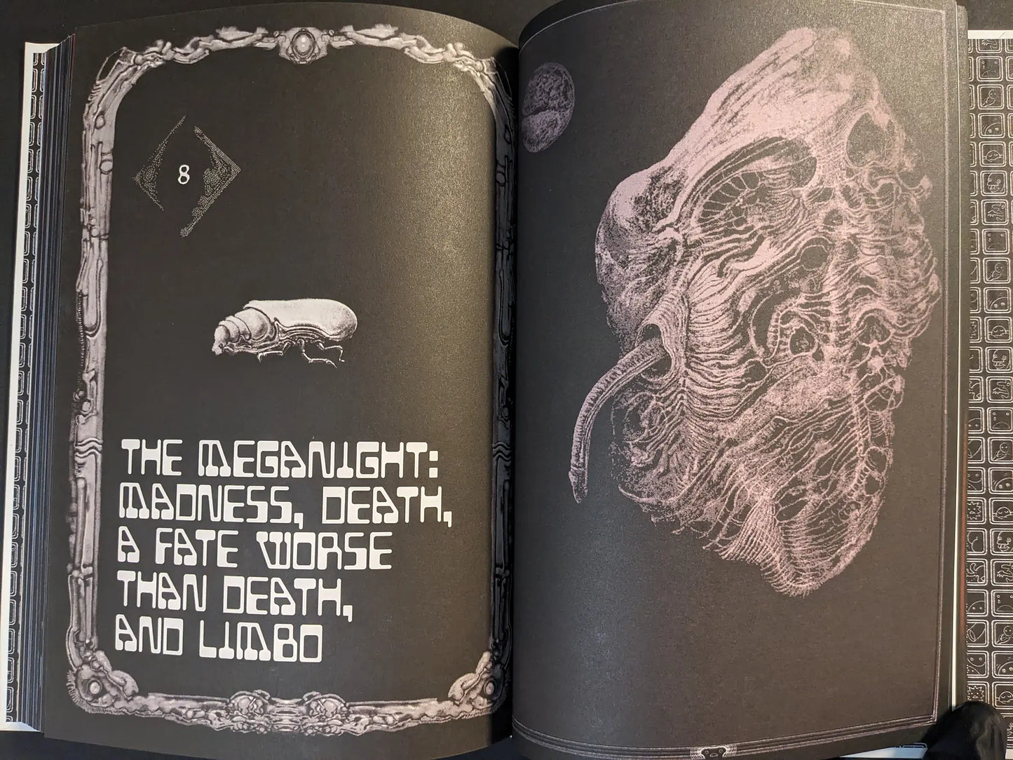 Interior spread from “Bubzium – the guidebook to postapoland” with Meganight lore text and a grotesque mutant head illustration.